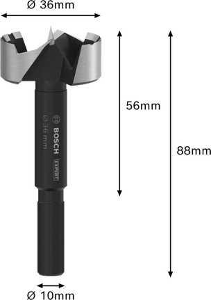 „Bosch EXPERT“ medienos grąžtas, 36 mm, tiksliam gręžimui.